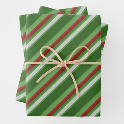 Striped Green Red and White Christmas  Wrapping Paper Sheets