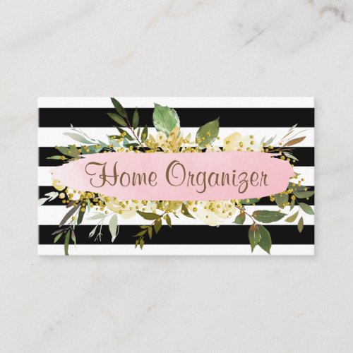 Striped Greenery Home Organizer And De_clutter Business Card