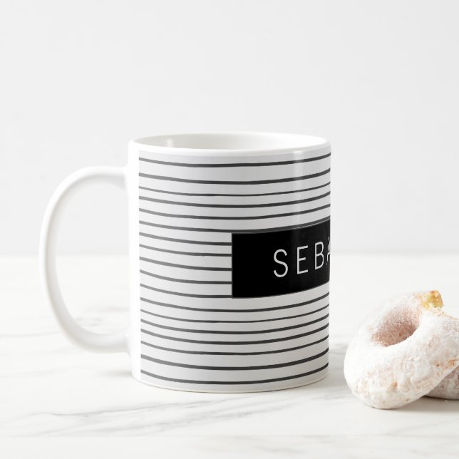 Striped Grey White Pattern Personalized Coffee Mug (With Donut)
