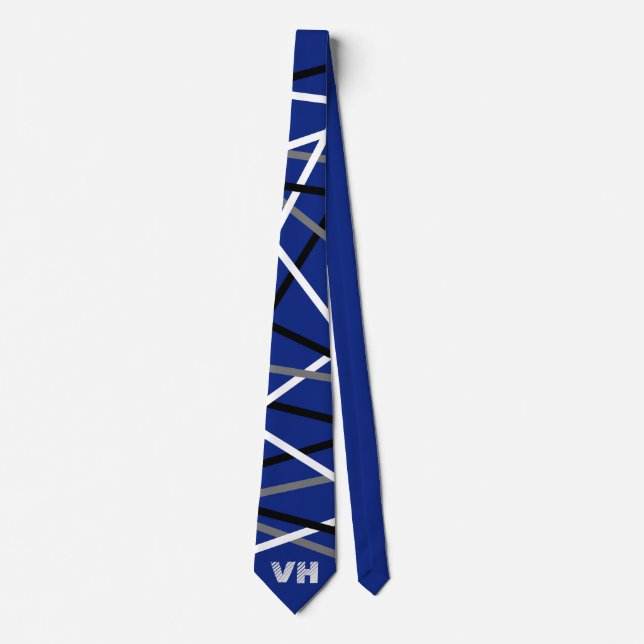 Striped Guitar Blue Gray White Black Initials  Neck Tie (Front)