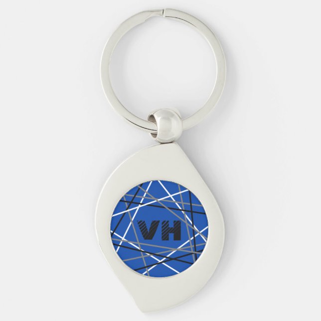 Striped Guitar Blue White Black Initials  Keychain (Front)