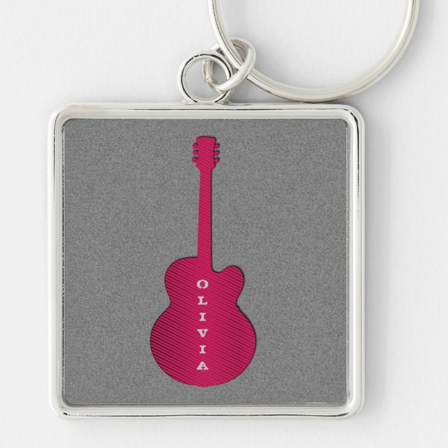 Striped Guitar Keychain, Hot Pink Keychain (Front)