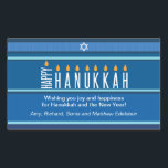 Striped Hanukkah Candles Rectangular Sticker<br><div class="desc">A menorah is rendered using typography on this striped Hanukkah sticker. The word "Happy" is on its side serving as the Shamash, while the other letters spelling out "Hanukkah" serve as the eight Hanukkah candles. The blue tonal striped background is reminiscent of a tallit. Add a personal message below. Great...</div>