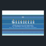 Striped Hanukkah Candles Rectangular Sticker<br><div class="desc">A menorah is rendered using typography on this striped Hanukkah sticker. The word "Happy" is on its side serving as the Shamash, while the other letters spelling out "Hanukkah" serve as the eight Hanukkah candles. The blue tonal striped background is reminiscent of a tallit. Add a personal message below. Great...</div>