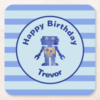 Striped Happy Birthday Blue Gold Robot with Name Square Paper Coaster
