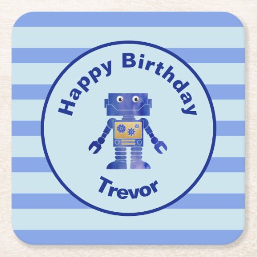 Striped Happy Birthday Blue Gold Robot with Name Square Paper Coaster