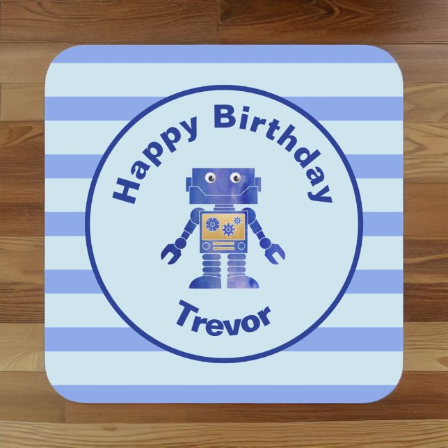 Striped Happy Birthday Blue Gold Robot with Name Square Sticker (Creator Uploaded)