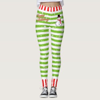 Striped Happy  Festive with Snowman and Snowflakes Leggings