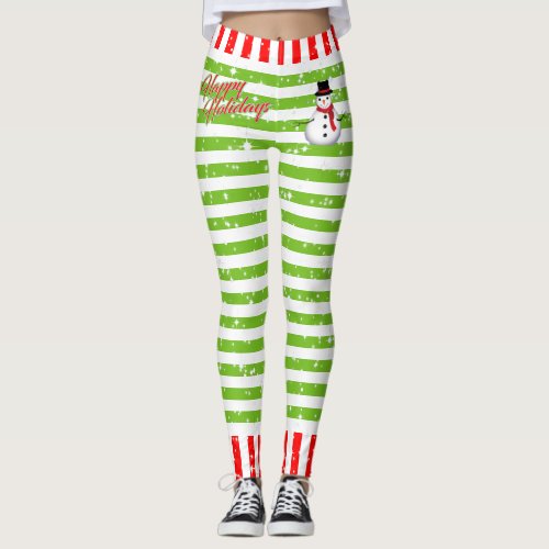 Striped Happy  Festive with Snowman and Snowflakes Leggings