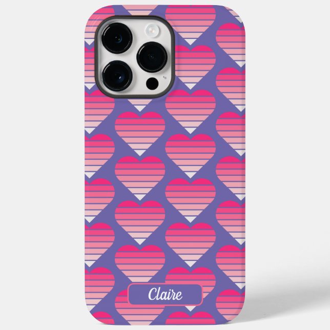 Striped Hearts Pattern Pink Magenta Purple Name Case-Mate iPhone Case (Back)