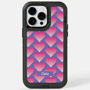 Striped Hearts Pattern Pink Magenta Purple Name OtterBox iPhone 14 Pro Max Case