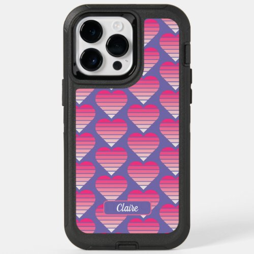 Striped Hearts Pattern Pink Magenta Purple Name OtterBox iPhone 14 Pro Max Case