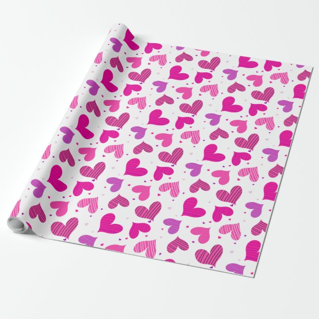 Striped Hearts Pink Wrapping Paper (Unrolled)