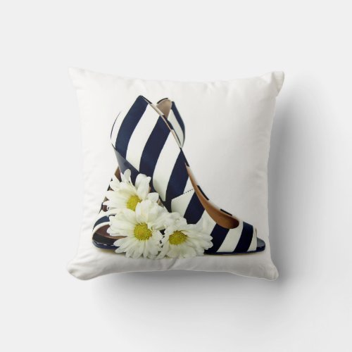 striped High heel shoes with daisies Throw Pillow