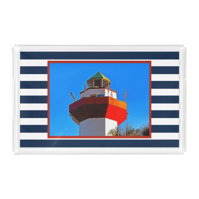Striped Hilton Head Island Harbour Town Lighthouse Acrylic Tray (Front)