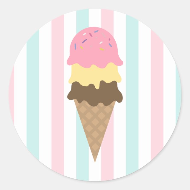 Striped Ice Cream Cone Round Sticker (6) (Front)