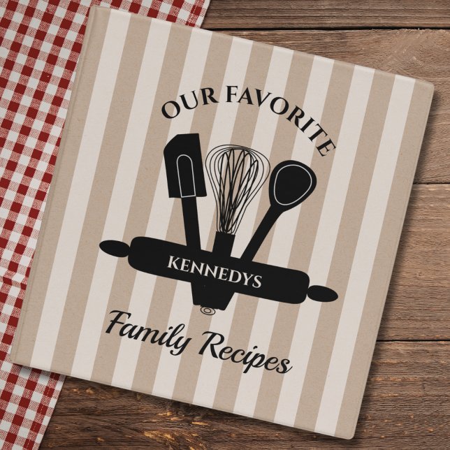 Striped Kraft Paper Family Name Recipe Cookbook 3 Ring Binder (Creator Uploaded)