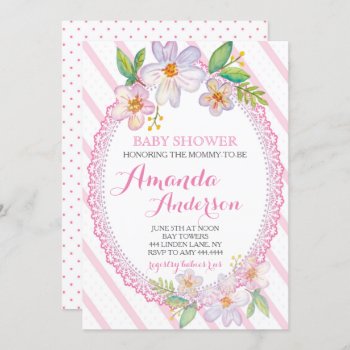 Striped Lace Girl Baby Shower Invitations by ThreeFoursDesign at Zazzle