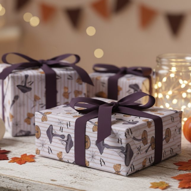 Striped Lavender Halloween Mushroom and Butterfly Wrapping Paper (Elegant Purple Fall Striped Autumn Birthday, Halloween Wrapping Paper. Mushrooms, Butterflies, Bats)