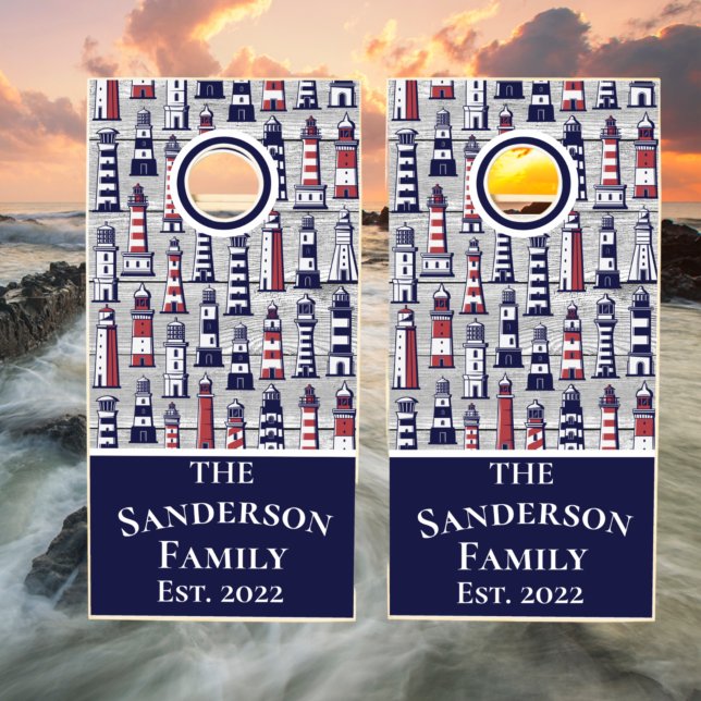 Striped Lighthouse Nautical Navy Blue Gray Red   Cornhole Set (Creator Uploaded)