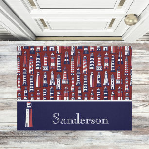 Striped Lighthouse Nautical Navy Blue Gray Red  Doormat