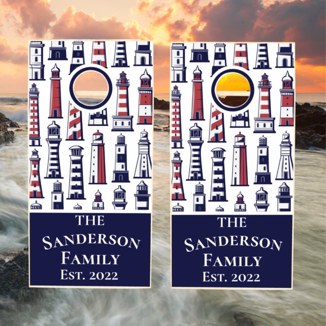 Striped Lighthouse Nautical Navy Red White Blue Cornhole Set (Creator Uploaded)