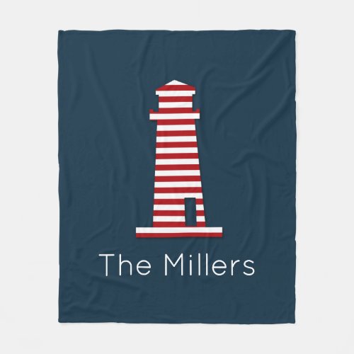 Striped Lighthouse Nautical Red White Blue Name Fleece Blanket