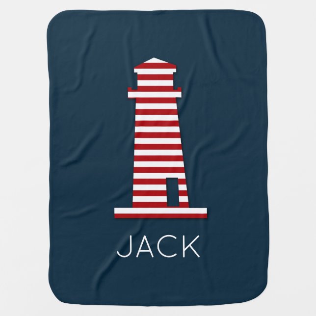 Striped Lighthouse Red White Blue Baby Name  Blanket (Front)
