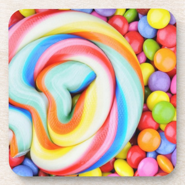Striped Lollipop And Multicolored Smarties Coaster (Front)