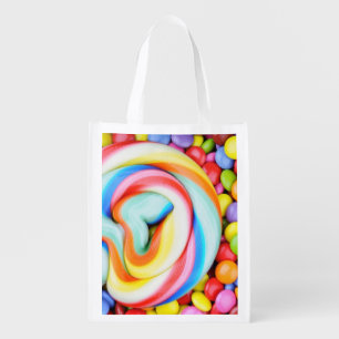 Striped Lollipop And Multicolored Smarties Reusable Grocery Bag