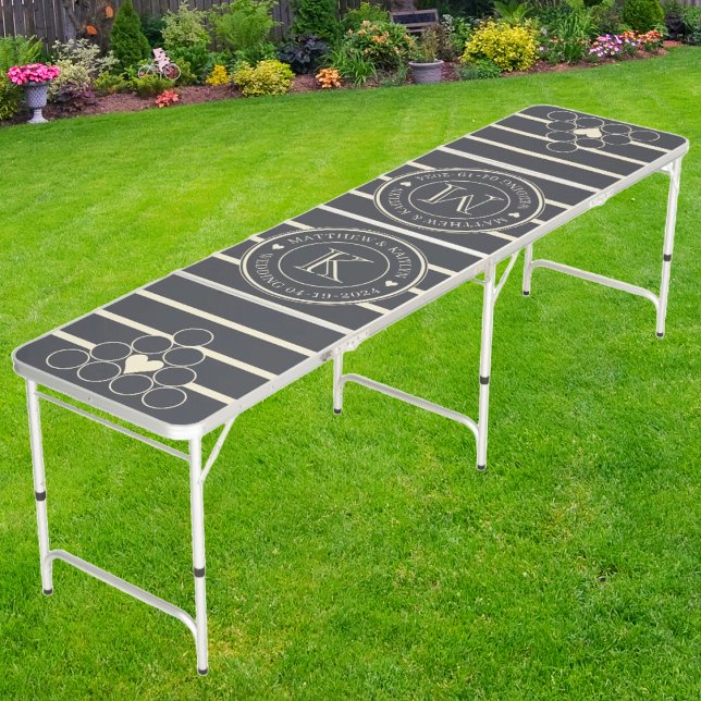 Striped Mediterranean Gray Wedding Monogram Heart Beer Pong Table (Creator Uploaded)