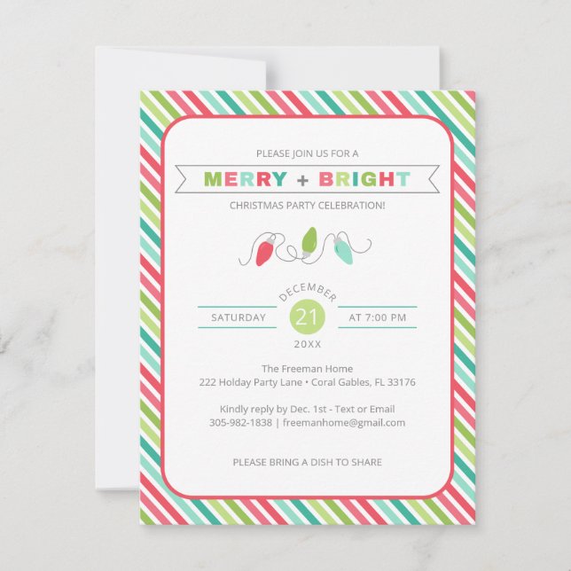 Striped Merry + Bright Christmas Invitation (Front)