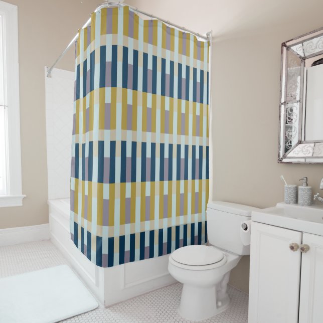 Striped Minimalist Green Blue Shower Curtain (In Situ)