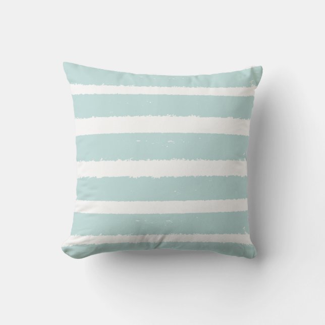 Striped Mint Turquoise Blue White Stripe Nautical Outdoor Pillow (Front)