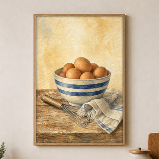 Striped Mixing Bowl with Eggs Watercolour Poster