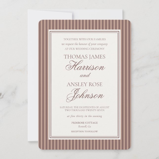 Striped Mocha Brown Espresso Martini Wedding Invitation (Front)