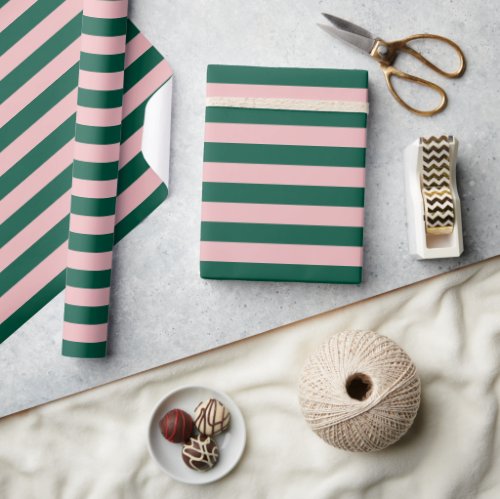 Striped Modern Christmas Holiday Green Pink  Wrapping Paper