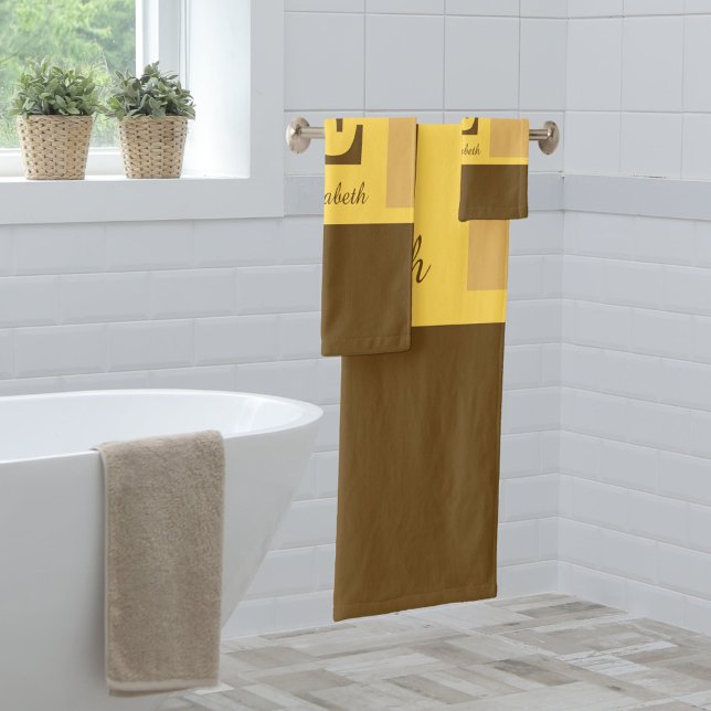 Striped Modern Elegant Yellow Brown Monogram Bath Towel Set (Monogram autumn colours bathroom towel set.)