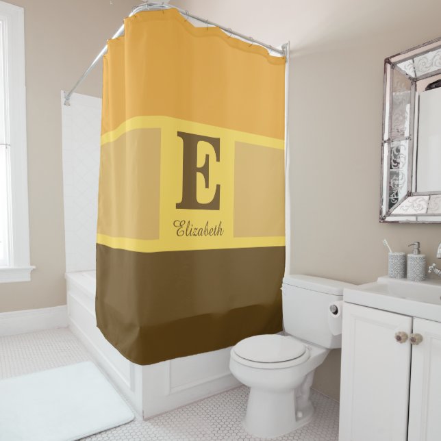 Striped Modern Elegant Yellow Brown Monogram Shower Curtain (In Situ)