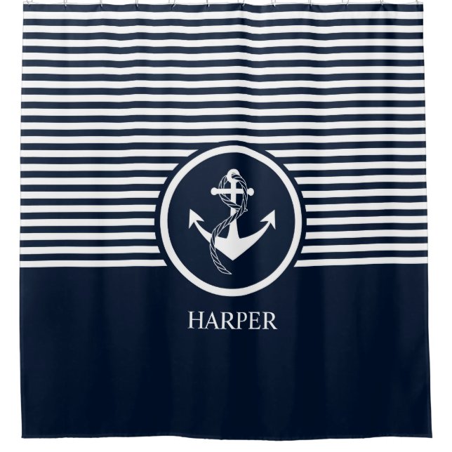 Striped, Modern, Nautical, Elegant, Monogram, Shower Curtain (Front)