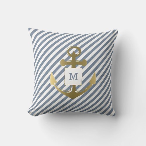 Striped Monogram Gold Nautical Ships Anchor Throw Pillow