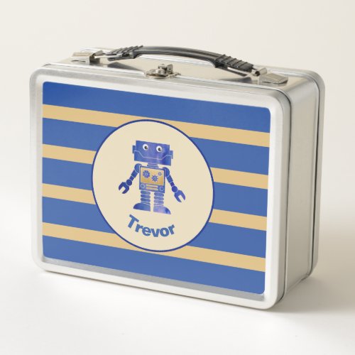 Striped Monogrammed Blue Gold Robot with Name Metal Lunch Box