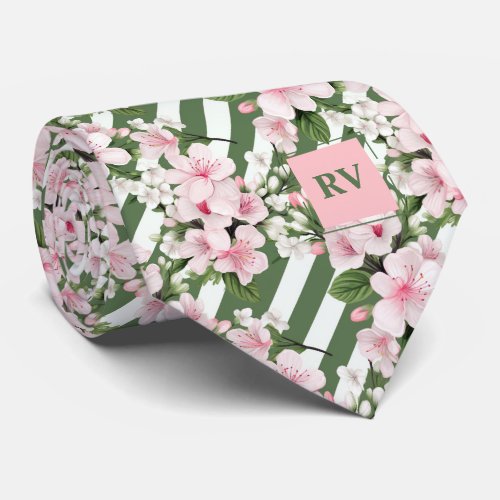 Striped Monogrammed Cherry Blossom Floral Neck Tie