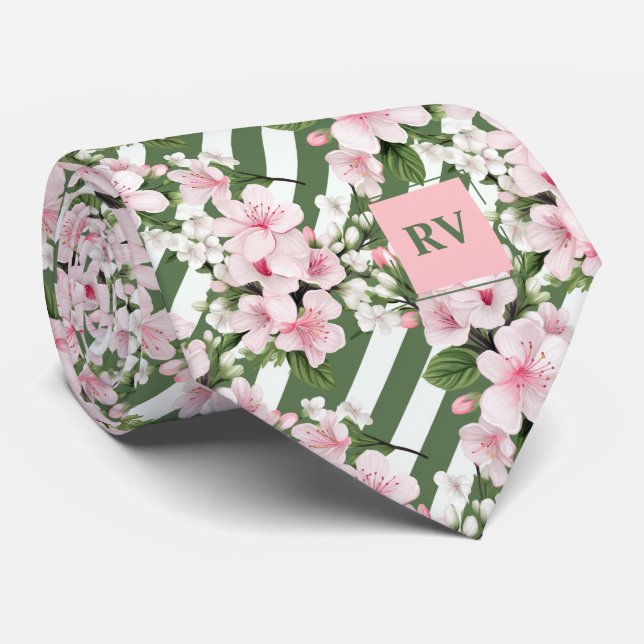 Striped Monogrammed Cherry Blossom Floral Neck Tie (Rolled)