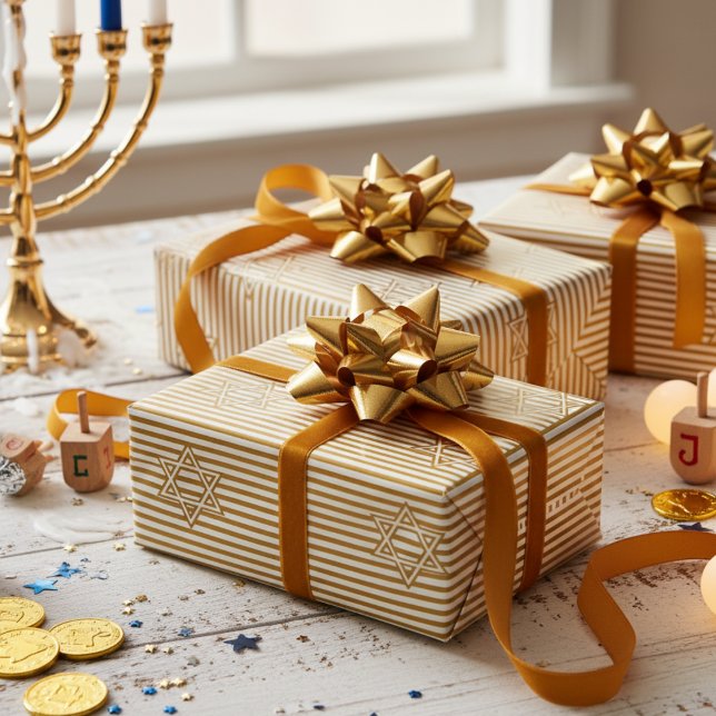 Striped Muted Gold Jewish Gold Star of David Wrapping Paper (Elegant Jewish Star of David Elegant Striped Gold & White Pattern 4 Hanukkah, Bar Mitzvah, Mazel Tov)