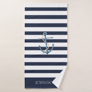 Striped Navy Anchor Nautical Bath Towel