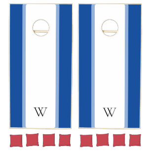 Striped Navy Blue White Geometric Lines Monogram Cornhole Set