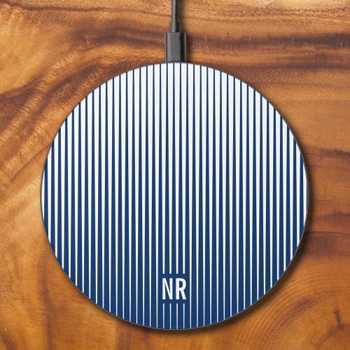   Striped Navy Blue  White Modern Abstract Custom Wireless Charger
