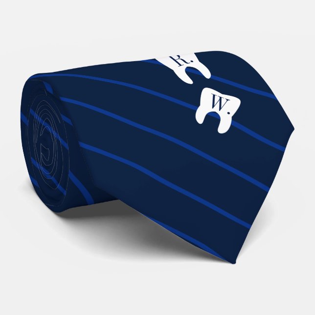 Striped Navy Dentistry Initialized Teeth Neck Tie (Rolled)