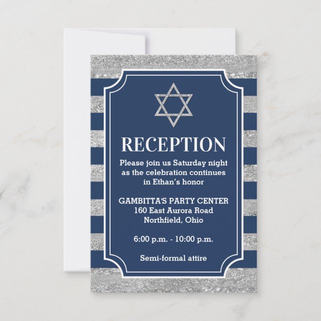 Striped Navy, Gray Bar Mitzvah Party Card (Front)